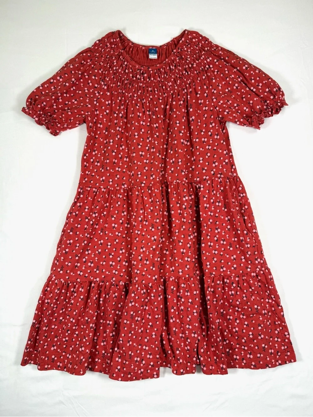 OLD NAVY Girls Smocked Tiered Dress Floral Puff Sleeve Coral Pink XL 14-16